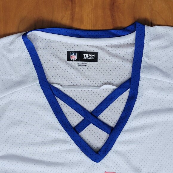 NWT Women's White Blue Criss-Cross NY Giants Football Mesh Tee - S - Picture 3 of 12